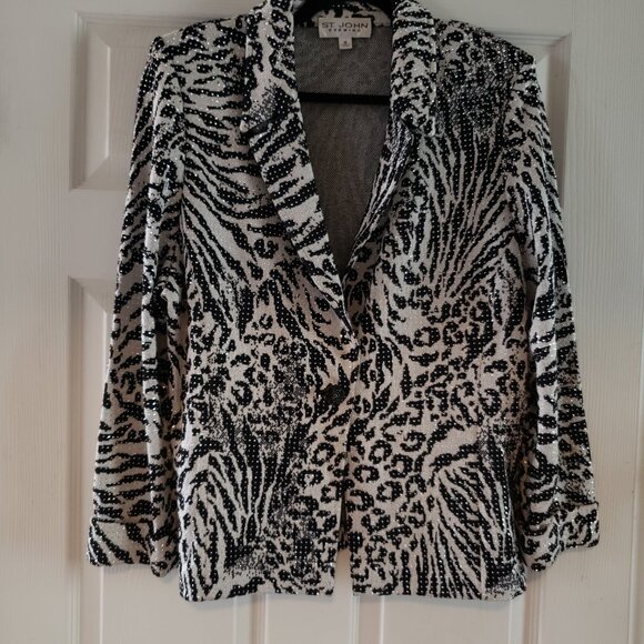 St John evening knit jacket black white rhinestones embellished blazer size 6 - Picture 1 of 16
